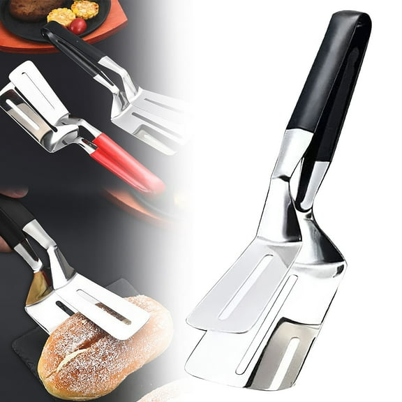 Red & Black Stainless Steel Grill Tongs, Heavy Duty BBQ Steak Clamp, Heat Resistant Double Shovel Clip for Grilling, Cooking, Serving, Dishwasher Safe Kitchen Tool