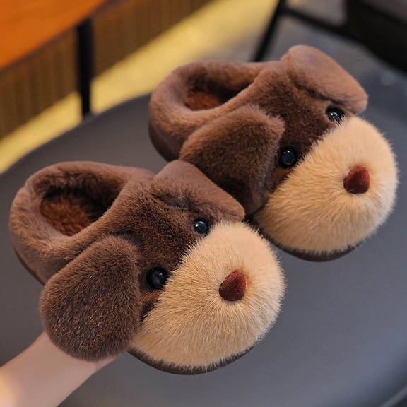 CUZIBR Toddler Slippers Girls Boys Cute Dog Animal Fuzzy House Slippers Close Toe Warm Winter Warm Bedroom Footwear,Brown,4.5-5 Years