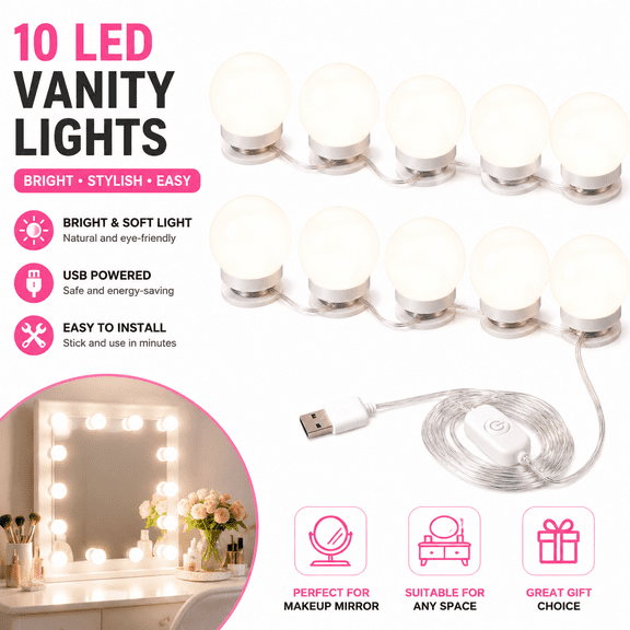 Hollywood Vanity Lights Kit – 10 Bulb Dimmable LED Makeup Mirror Light Strip with Plug,Mirror Not Included