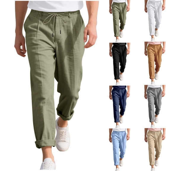 ibuvkizy Mens Linen Pants with Pockets Elastic Waist Drawstring Breathable Fashion Loose Casual Solid Color Summer Tightness Waist Broad Legs Long Pants,Sizes S-3XL
