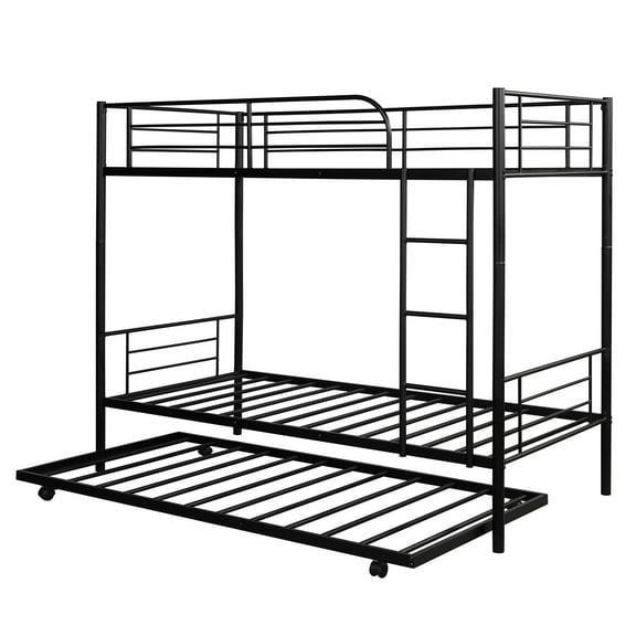 Twin-Over-Twin Metal Bunk Bed With Trundle,Can be Divided into two beds,No Box Spring needed ,Black