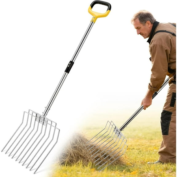 Pitchfork for Gardening, 50" Multifunctional Stainless Steel Garden Pitchfork with Handle, Suitable for Shoveling, Fertilizing, Transplanting, Mulching Garden Fork - 10 Tines