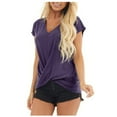 thumbnail image 2 of Usmixi Womens Tops Twist Knotted Front Loose Breathable Workout Shirts Summer Casual Short Sleeve V-Neck Solid Blouse Purple XXL, 2 of 4