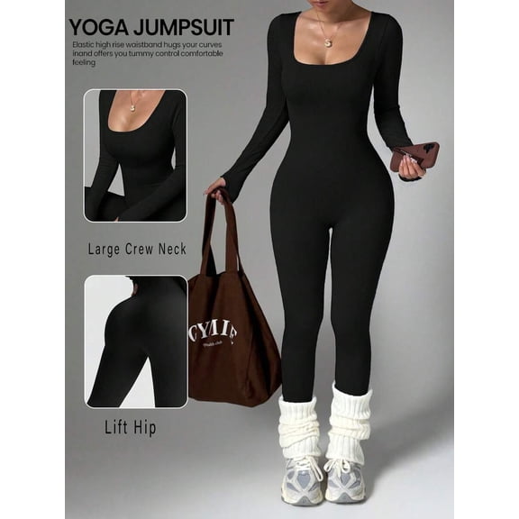 Women's Long Sleeve Round Neck Jumpsuit, Waist-Cinched Hip-Lifting Slim Fit, Elastic Sports Wear Black