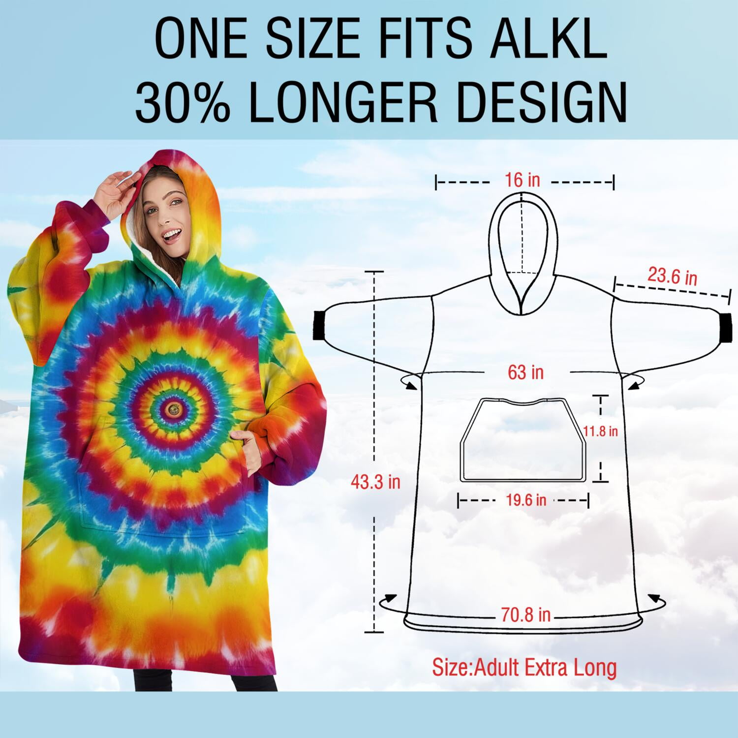Oversized Wearable Blanket Hoodie,Rainbow Tie Dye Concentric Circles Sherpa Blanket Hoodie with Super Pockets,Super Warm Fuzzy Pullover for Women & Men