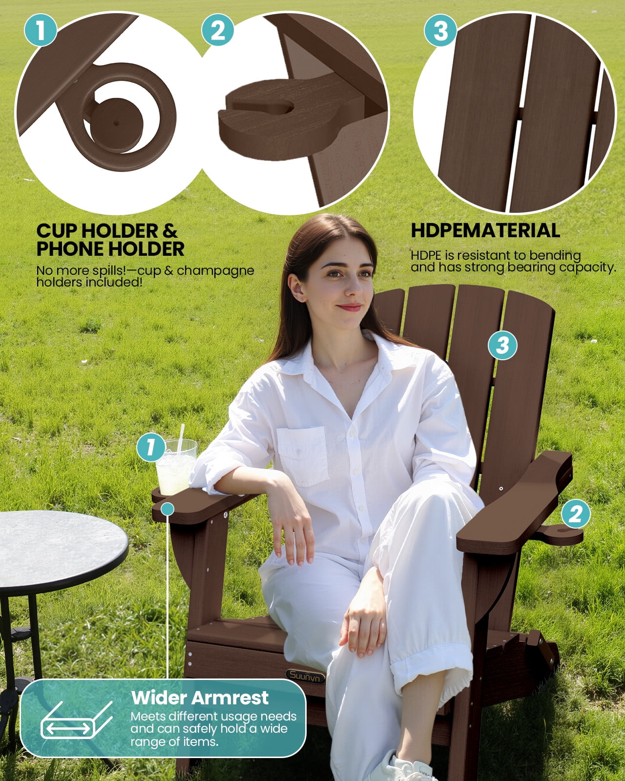 Folding Adirondack Chair, HDPE All-Weather Lawn Chair with 2 Cup Holder, Patio Garden Outdoors Fire Pit, Brown