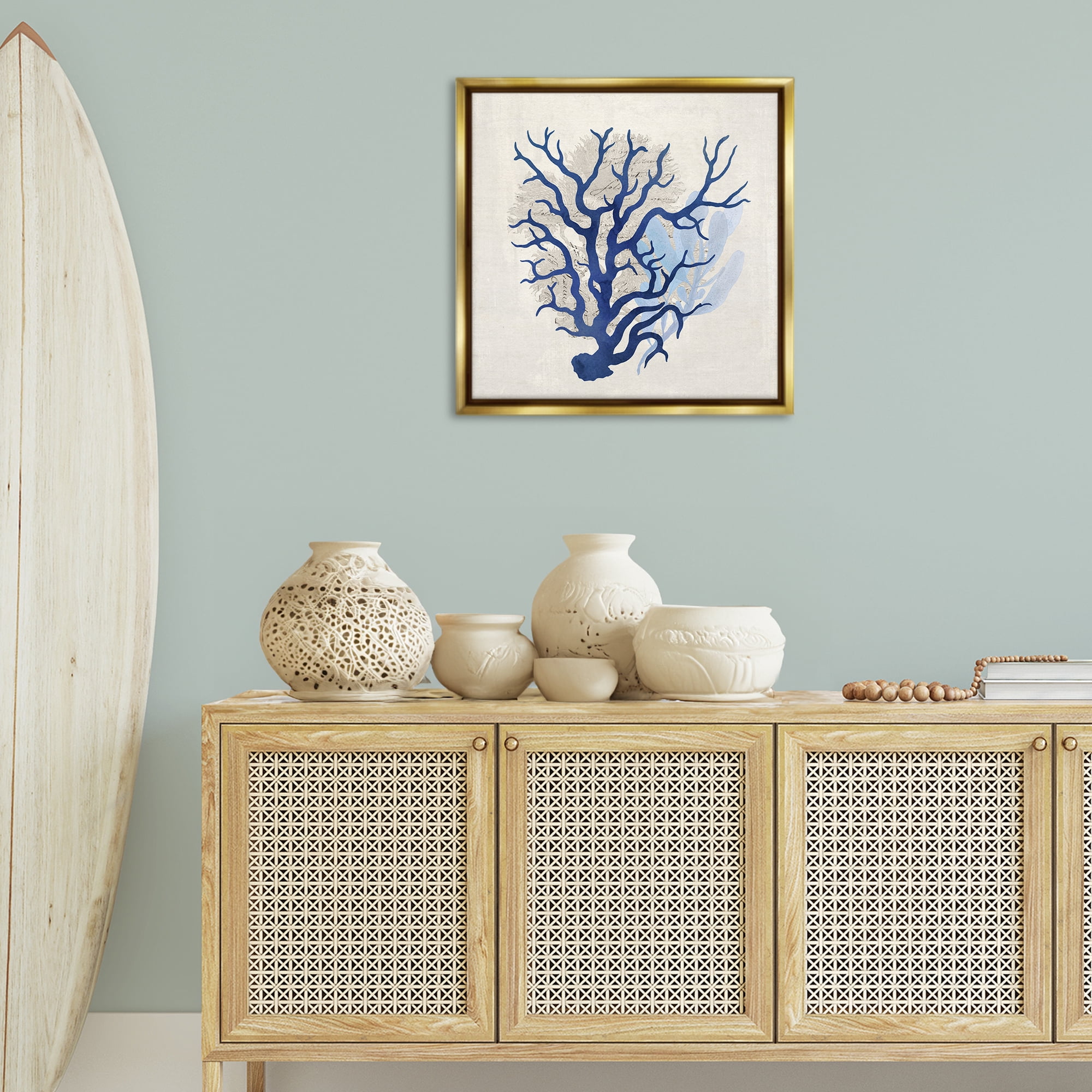 Stupell Industries Blue Coral Branches Nautical & Beach Painting Gold Floater Framed Canvas Art Print Wall Art, 25 x 25