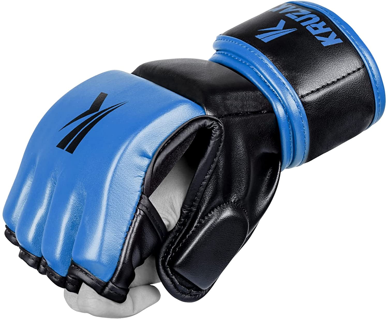 Kruzak MMA Gloves, Men and Women’s Half-Finger Boxing Mitts, Hand Wraps with Open Palms for Grappling, Kickboxing, Sanda, Sparring, Muay Thai (L/XL, Blue)