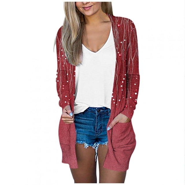 Économies d'Automne! srobpty Cardigan à Manches Longues pour Femmes, Mode Décontractée, Imprimé, avec Poches, Rouge, P
