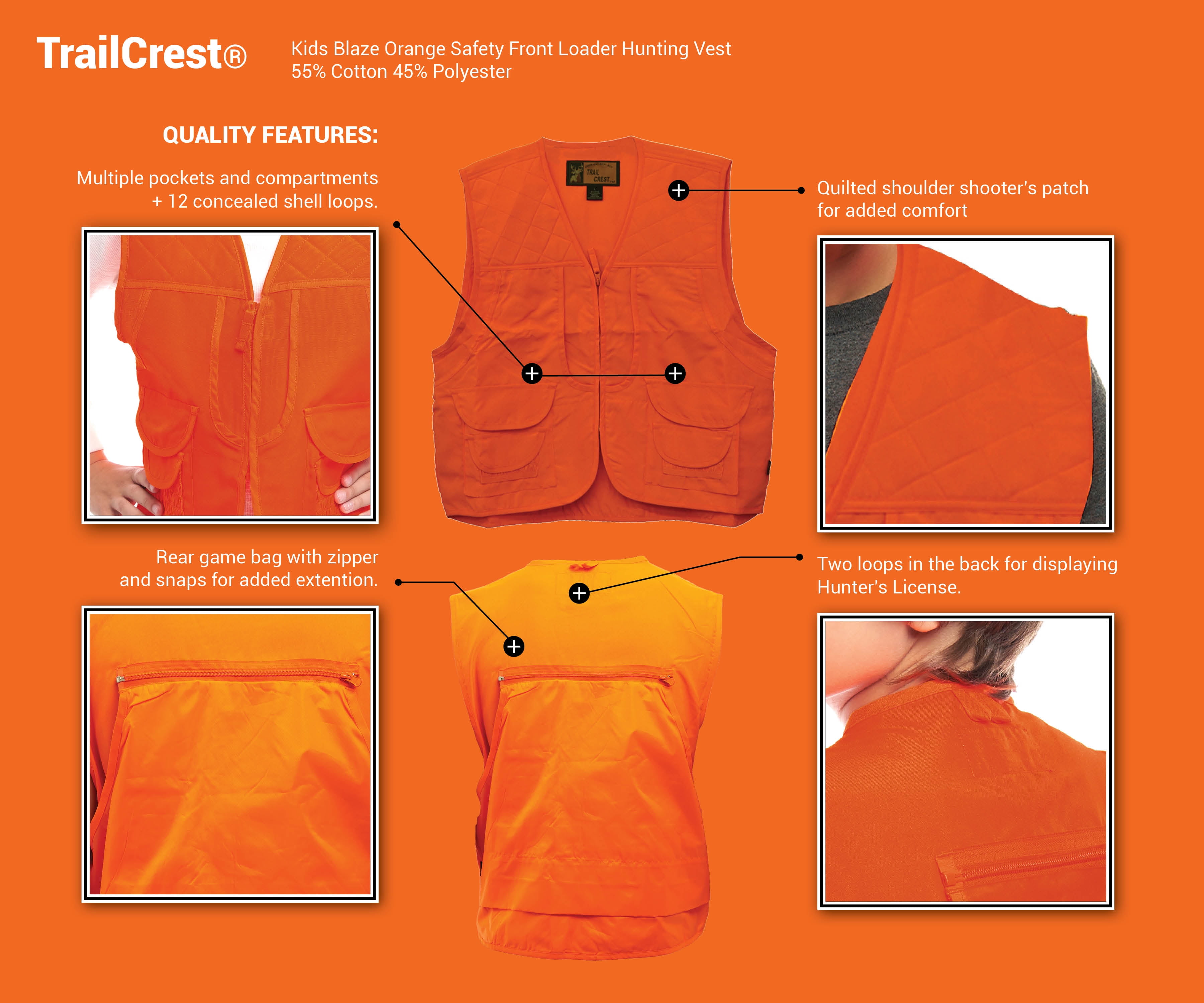 Trail Crest Boys Blaze Orange Safety Front Loader Hunting Vest, Medium