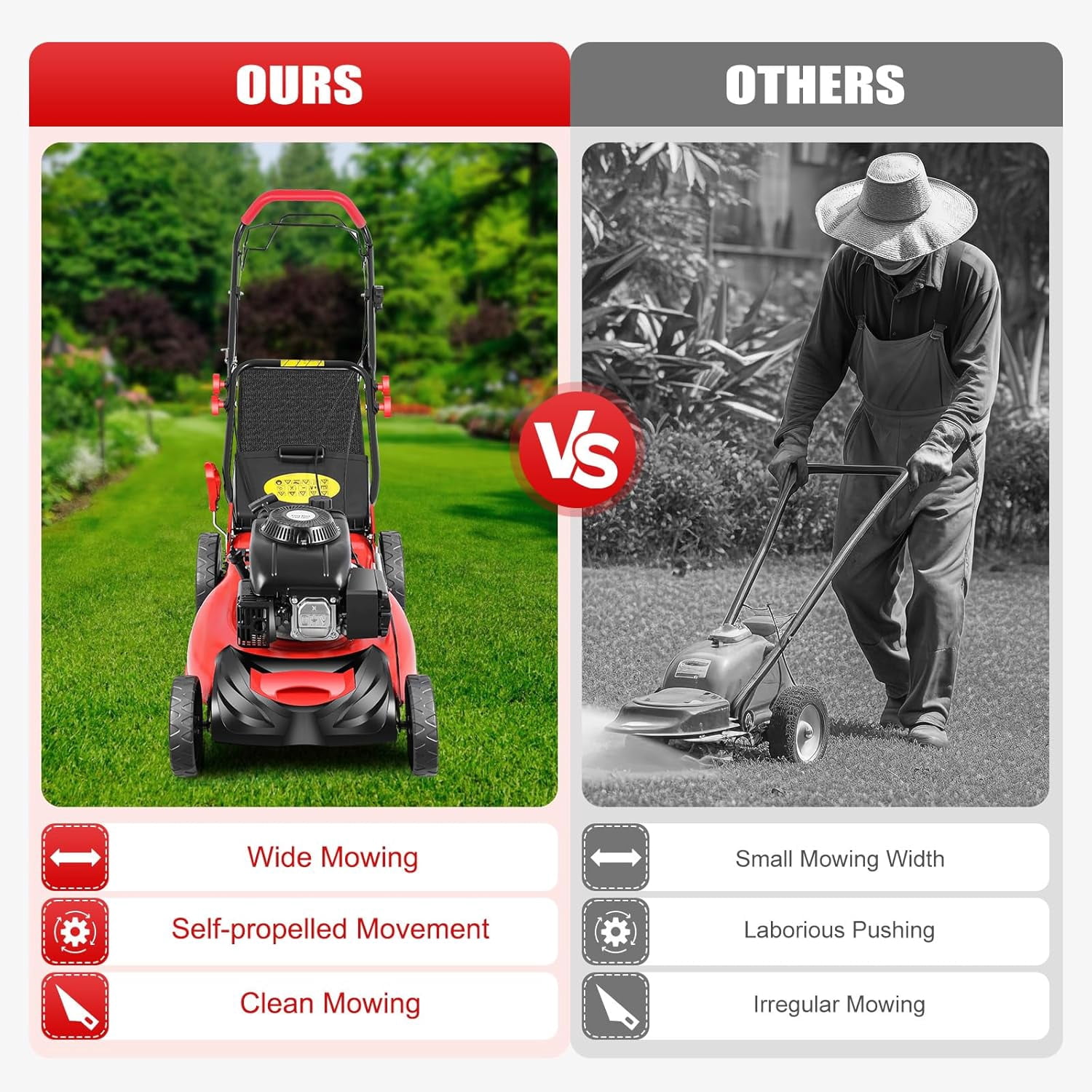 20-Inch Self-Propelled Gas Lawn Mower 140cc 4-Stroke Engine, 3-in-1 Rear Bag/Mulch/Side Discharge, 8-Position Height Adjustment, 60L Grass Bag, Ideal for Lawn Weeding