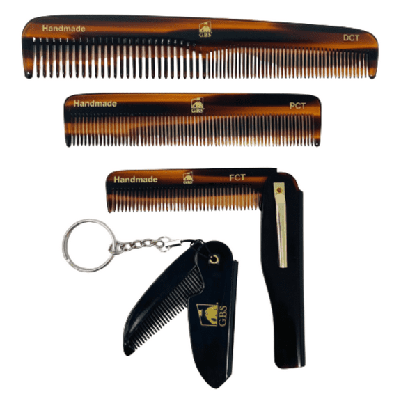 G.B.S Handmade Stylish Comb Set- Hair Styling Grooming Combs For Men, Women Fine Toothed Tortoise Combs Pack of 4 (1 DCT Dressing Comb, 1 FCT Folding Comb, 1 PCT Pocket Comb, 1 MCT Mustache Comb)