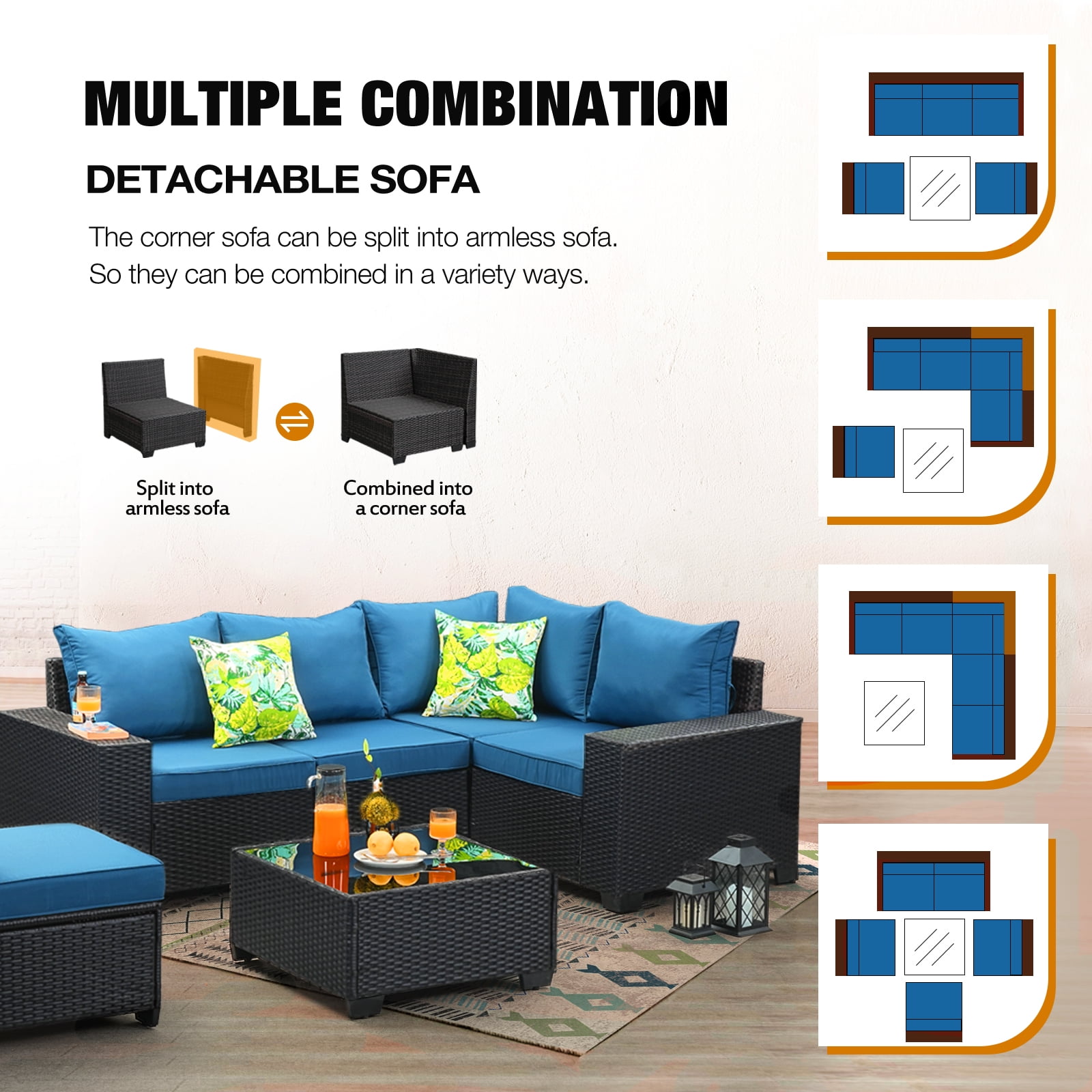 JOYURE 6 Pieces Patio Furniture set All-Weather Outdoor Wicker Sectional Conversation Sofa Rattan patio seating sofa with cushion and Glass Table and Ottoman for Porch Poolside,Peacock