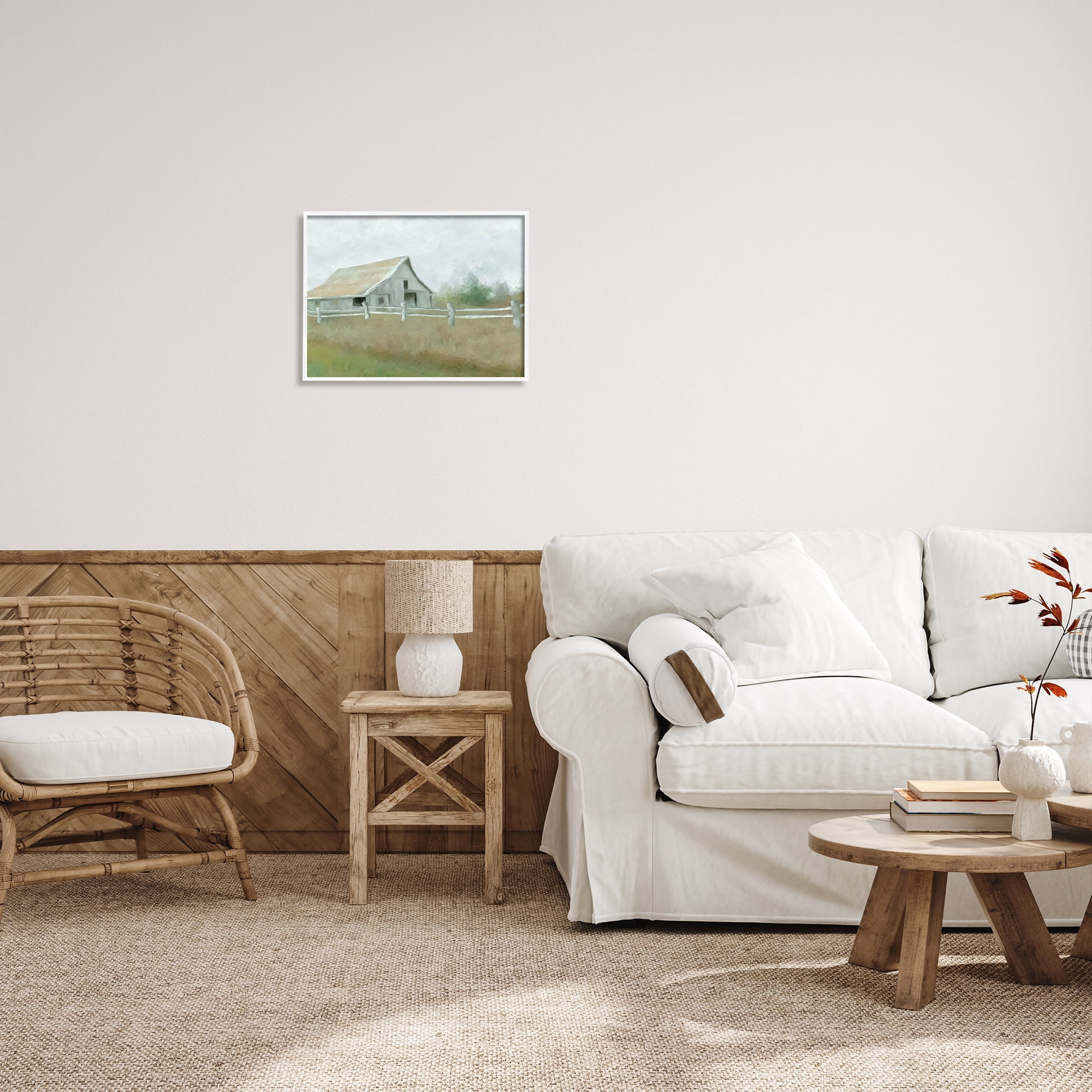 Stupell Industries Rural Farmland Fence Nature Painting White Framed Art Print Wall Art, 20 x 16