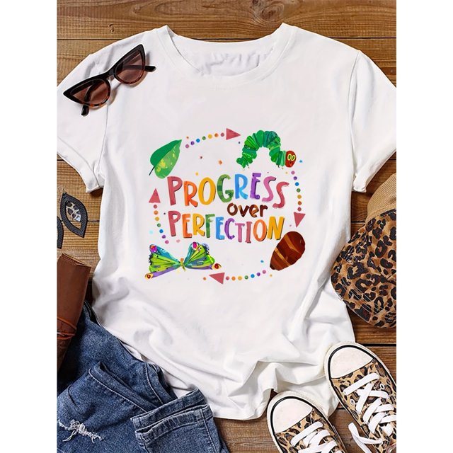 Women's Regular Size PROGRESS Motivational Graphic T-Shirt - Colorful Lettering with Playful Hearts, Stars & for CATERPILLAR Design, Soft Round Neck Casual Tee, Machine Washable All-Season Comfor