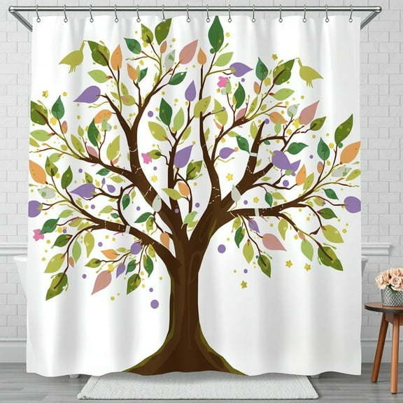 Whimsical Tree Shower Curtain with Colorful Leaves, Stars & Birds