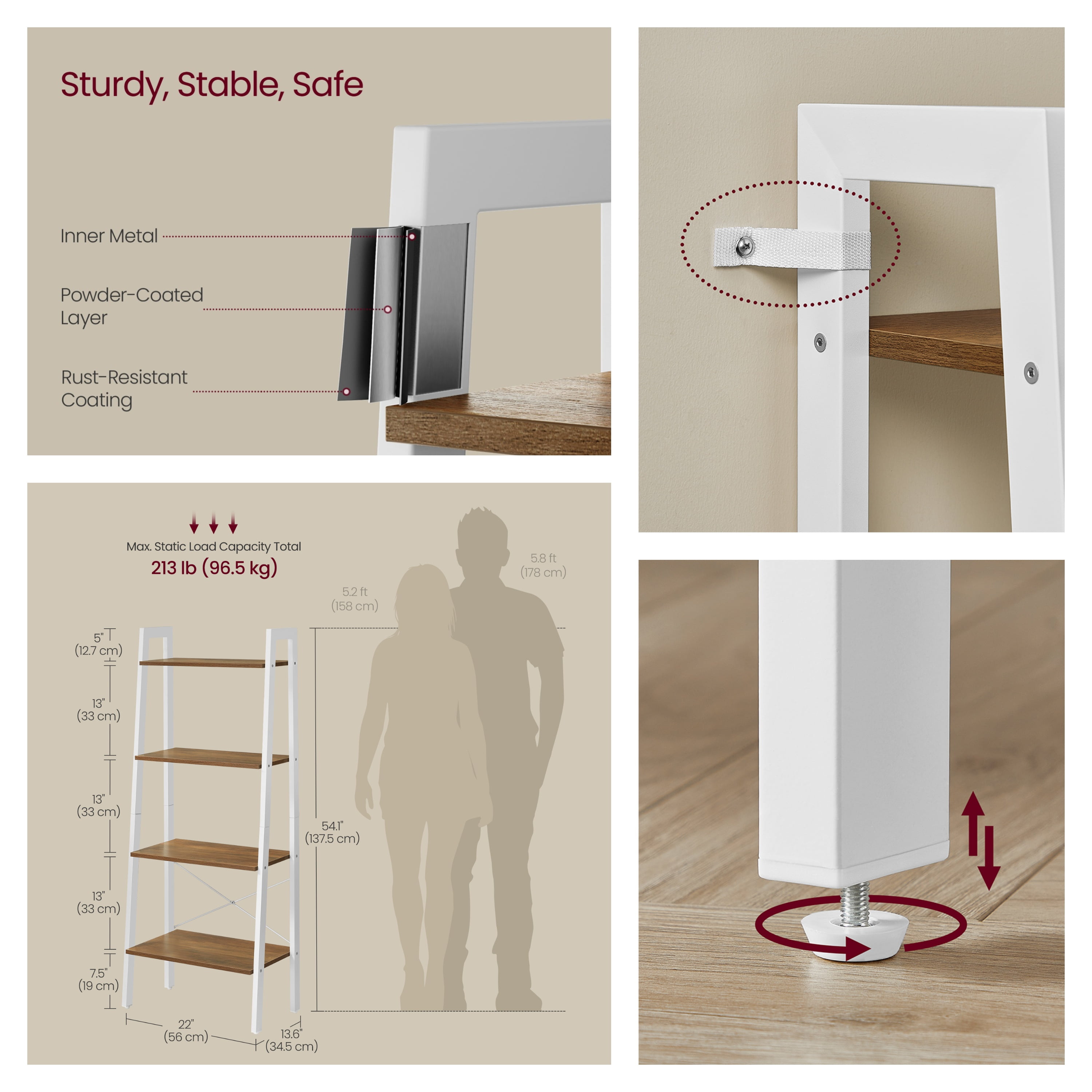 LEDREM Ladder Shelf, 4-Tier Bookshelf, Storage Rack, Bookcase, for Living Room, Kitchen, Bedroom, Honey Brown and Cloud White