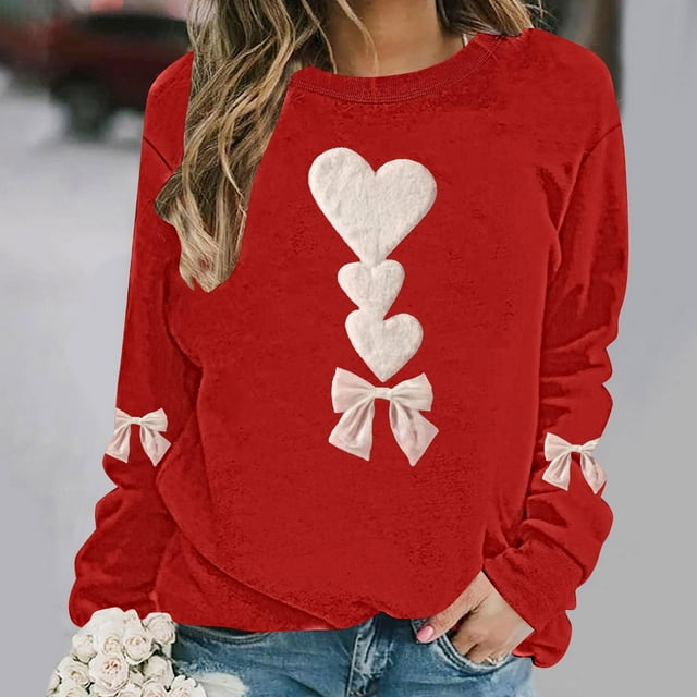 ICHUANYI Chandail à Col Rond pour Femmes de la Saint-Valentin avec Graphique de Cœur Imprimé, Col Rond, Décontracté, Ample, Chandail à Capuchon, Blouse à Manches Longues, Hauts