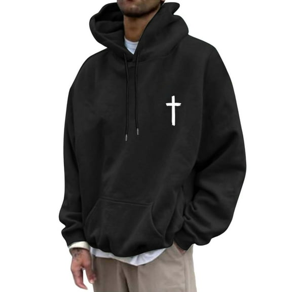 Christian Hoodies for Men Drawstring Faith Jesus Graphic Long Sleeve Pullover Tops Fall Winter Warm Sweatshirts with Pockets Black L