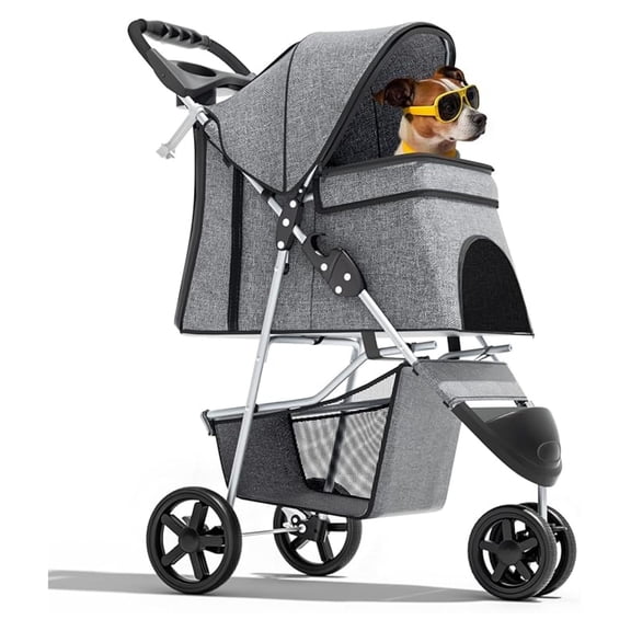 HHBEAUTY 3-Wheel Pet Stroller, Foldable Travel Jogger for Small & Medium Dogs & Cats (Up to 33lbs), Lightweight Carrier with Breathable Mesh Cover, Cup Holder & Storage Basket, Gray