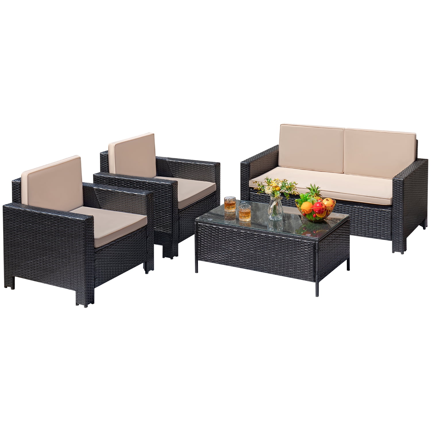 Devoko 4 Pieces Patio Set PE Rattan Wicker Furniture Sofa Set Outdoor Indoor Furniture Set, Black