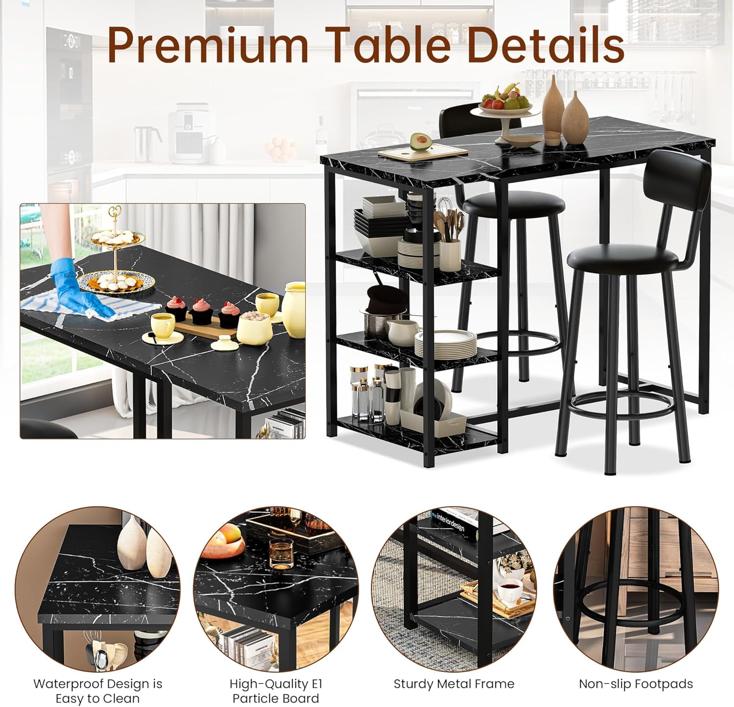 LinkRomat Dining Table Set for 2,3 Piece Pub Table and Chairs Set with Storage Shelves, Small Space Bistro Kitchen & Bar Tables, Counter Height Dining Set, Black