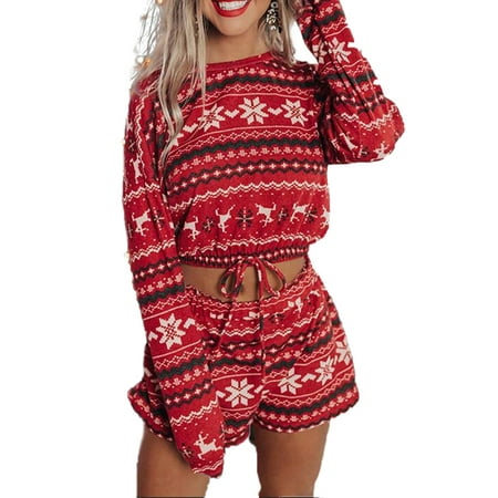 

Women 2PCS Christmas Shorts Pajamas Set Long Sleeve Crop Top Shirts Short Pants Loungewear Sleepwear