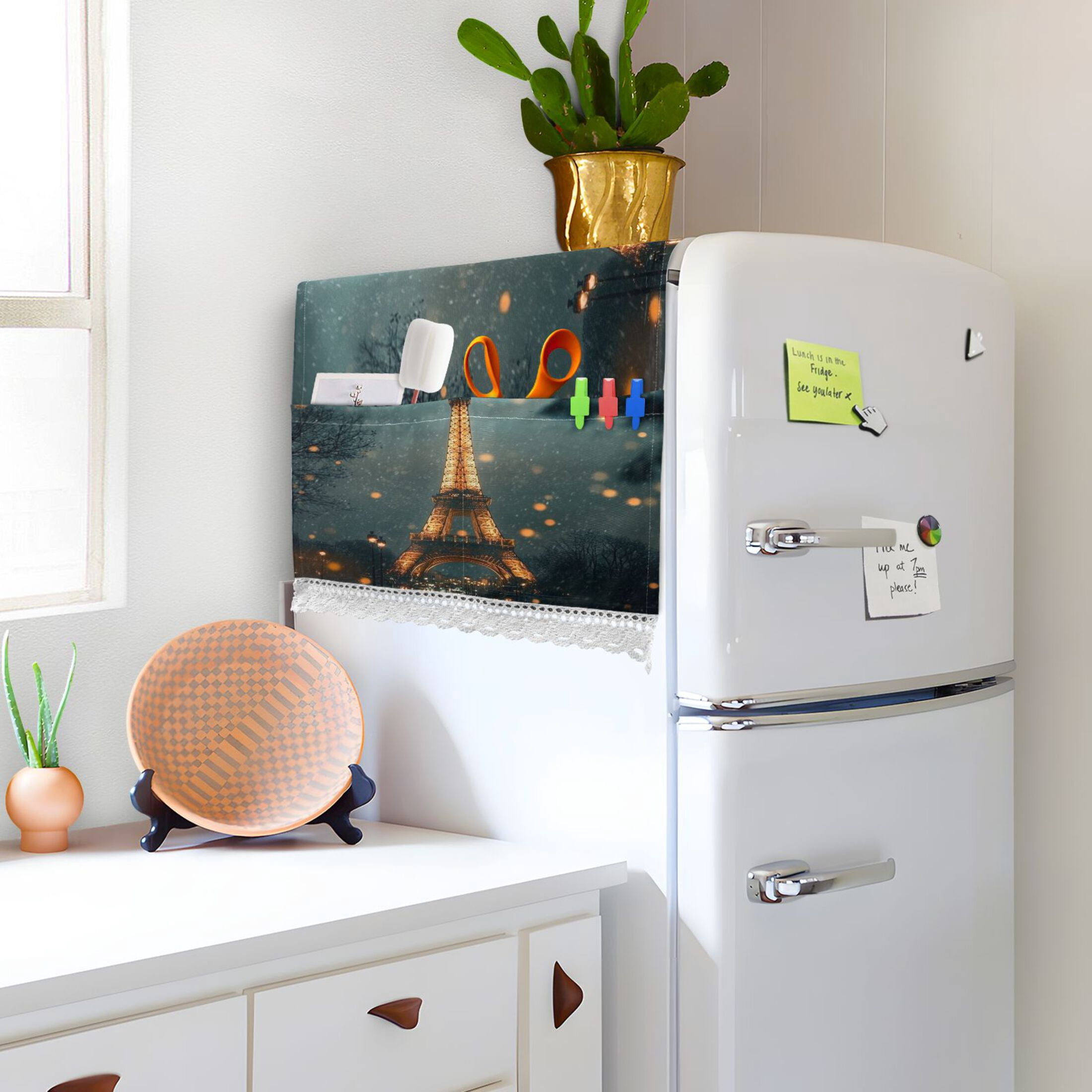 The Tower Of ParisWasher and Dryer Covers Dust-Proof and Oil Resistant Fridge Cover with 4 Storage Pockets Washing Machine Top Cover for Laundry Kitchen Home 51.2 x 22 In