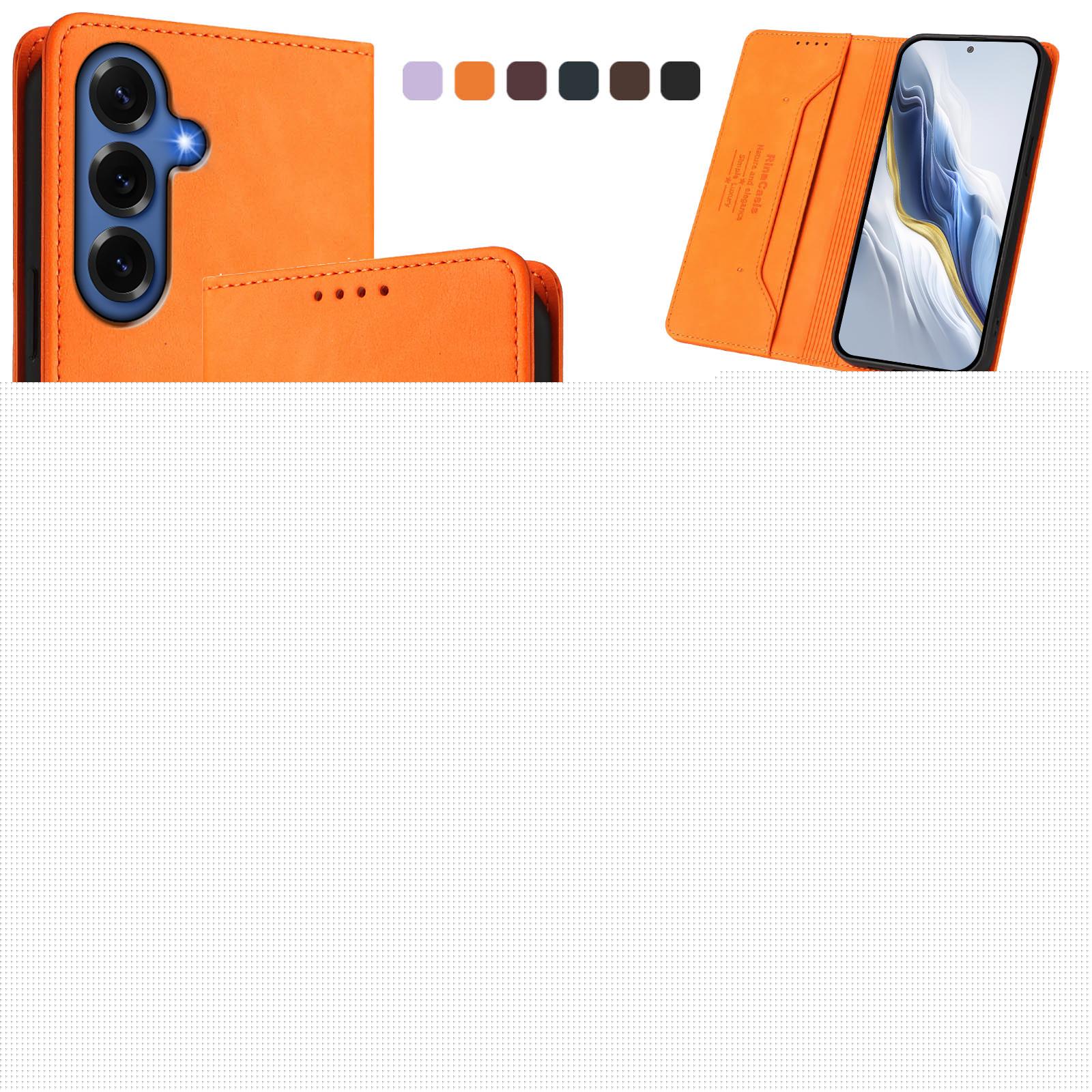 ELEHOLD for Samsung Galaxy S26 Wallet Flip Case, Slim Shockproof Kickstand PU Leather RFID-Blocking Card Slot Cover,Orange