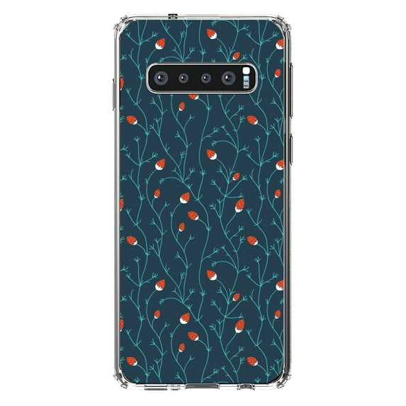 DistinctInk Clear Shockproof Hybrid Case for Samsung Galaxy S10+ PLUS(6.4" Screen) - TPU Bumper, Acrylic Back, Tempered Glass Screen Protector - Modern Floral - Strawberry Vine - Teal Navy