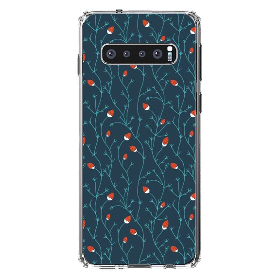 DistinctInk Clear Shockproof Hybrid Case for Samsung Galaxy S10  PLUS(6.4" Screen) - TPU Bumper, Acrylic Back, Tempered Glass Screen Protector - Modern Floral - Strawberry Vine - Teal Navy