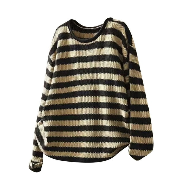 ShomPort Chandails pour Femmes Motif Rayé Col Rond Manches Longues Tricot Tendance Léger Couche de Base Quotidienne
