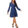 thumbnail image 4 of INSPIRE CHIC Women's Deep V Neck Wrap Long Sleeve Belted Mini Skating Flowy Dress, 4 of 5