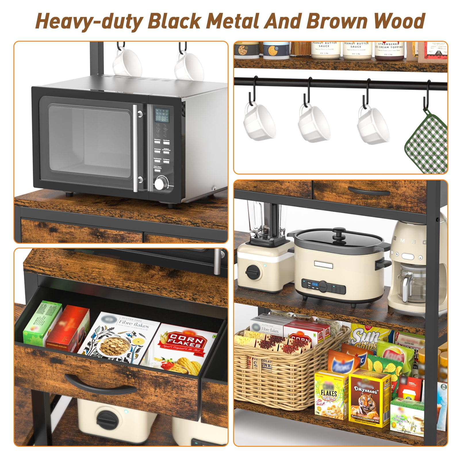 Baker's Rack with Power Strip and Mini Fridge Stand, Coffee Bar Storage Shelf with Side Table