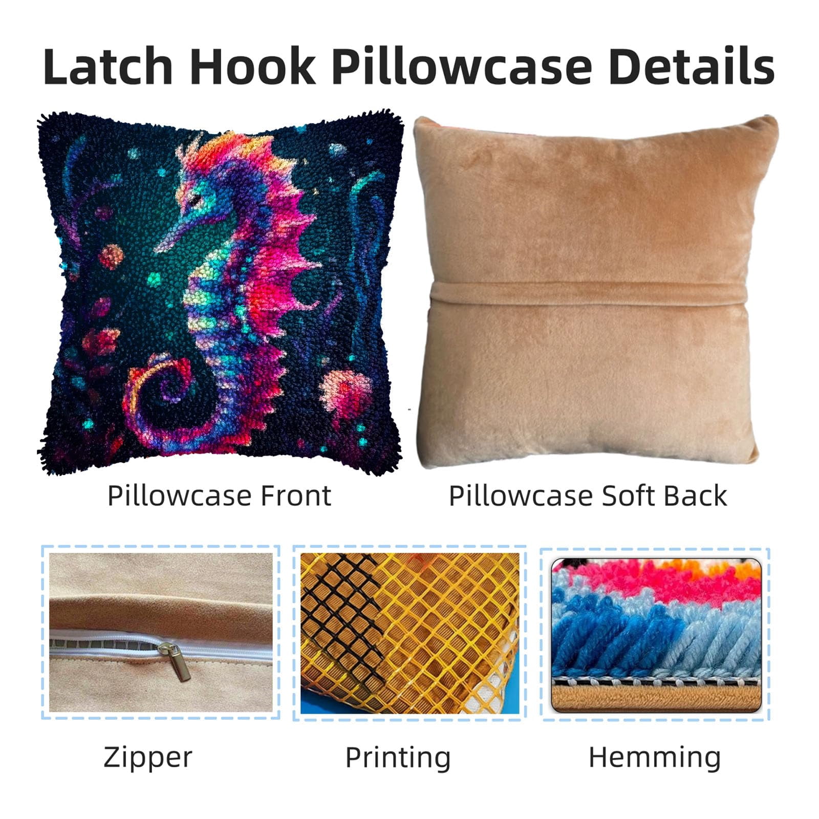 Colorful Seahorse in Sea DIY Latch Hook Pillow Kits for Adults Printed Pillowcase Crochet Yarns Hooking Handmade Pillow Cover Cushion for Home Sofa Decoration 17x17inch