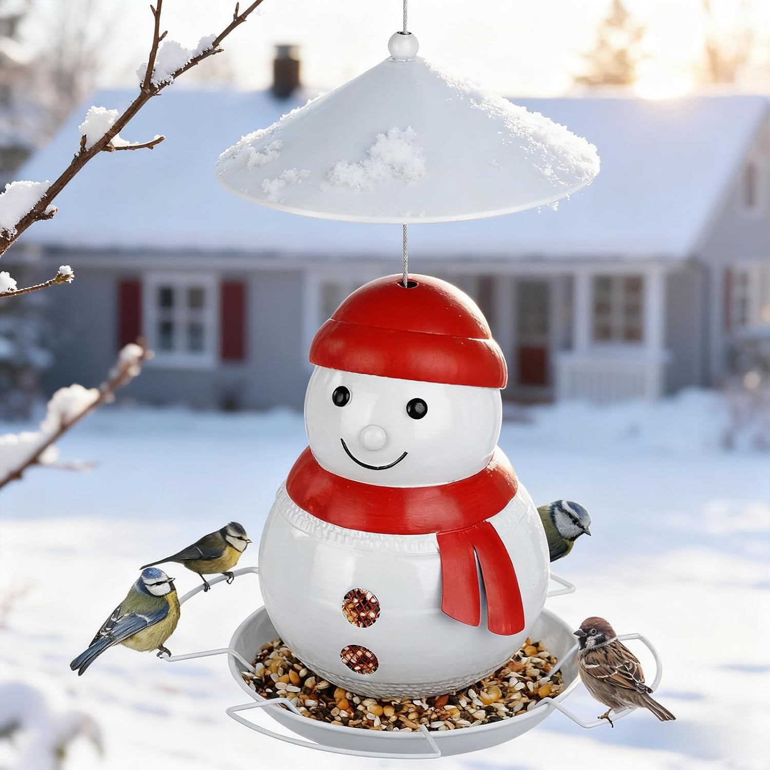 IWNTWY Wild Bird Feeder for Outside Hanging, 4LB Capacity Heavy Duty Metal Snowman Birdfeeder with 4 Perches