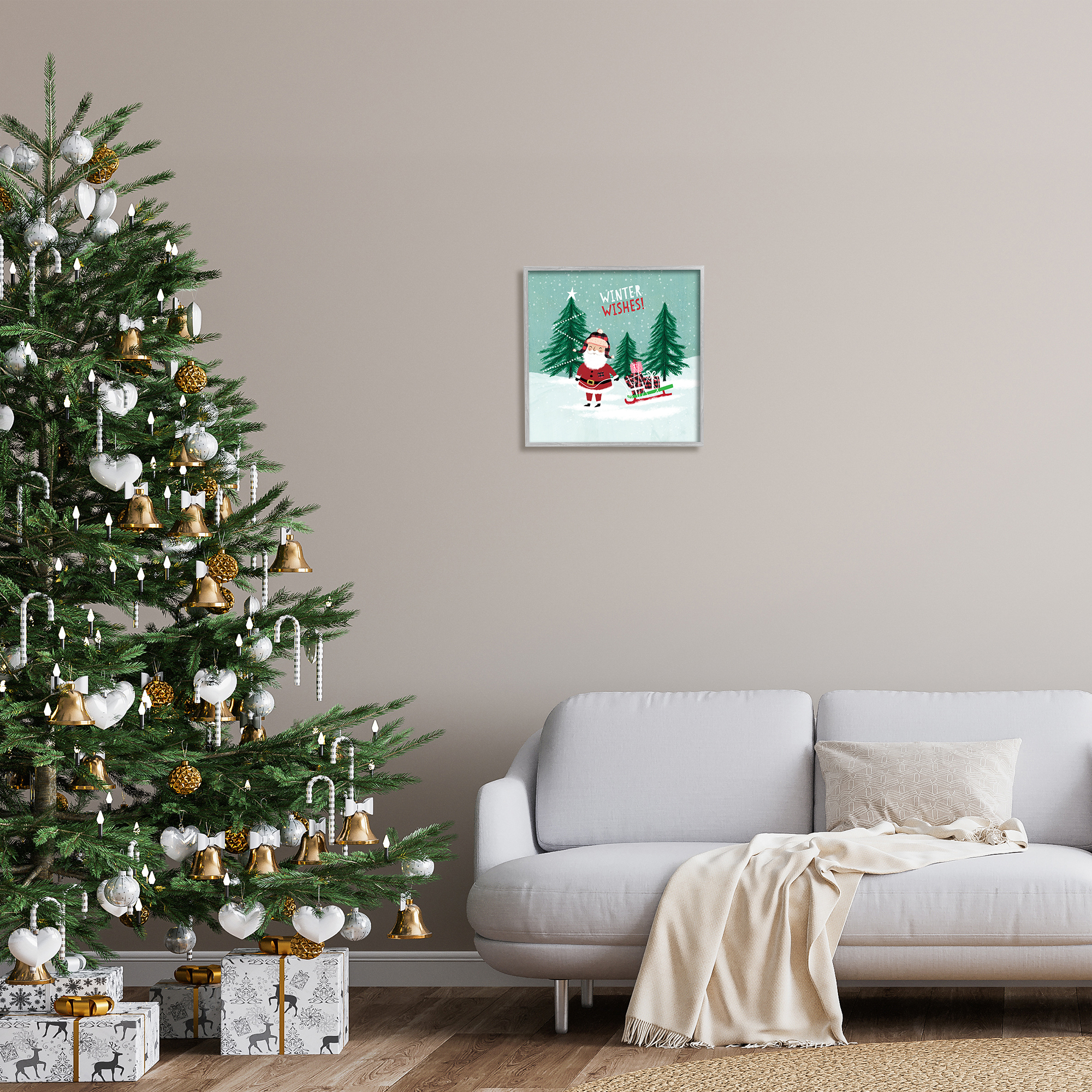 Stupell Industries Winter Wishes Santa Claus & Sled Holiday Painting Gray Framed Art Print Wall Art