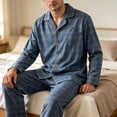 thumbnail image 4 of Fmbrln Men's Cotton Pajama Sets Plaid Print Button Down Long Sleeve Tops and Long Pants Set Fall Winter Fashion Comfy Sleepwear 2 Piece Sets Light Blue XL, 4 of 5