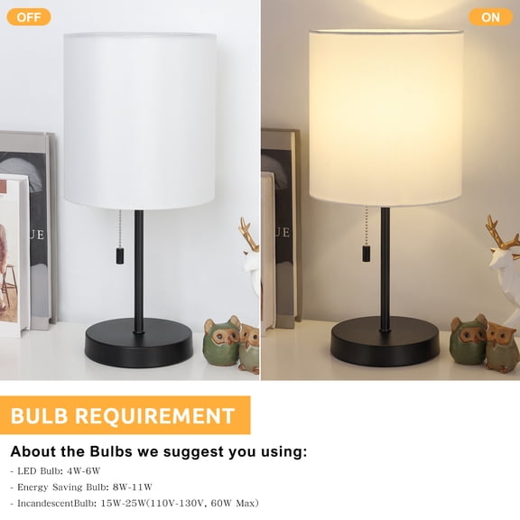 Set of 2 Minimalist Cylinder Table Lamps, Modern White Fabric Shade Bedside Lamps with Pull-Chain Switch, E26 Base Desk Lights for Bedroom Living Room Office