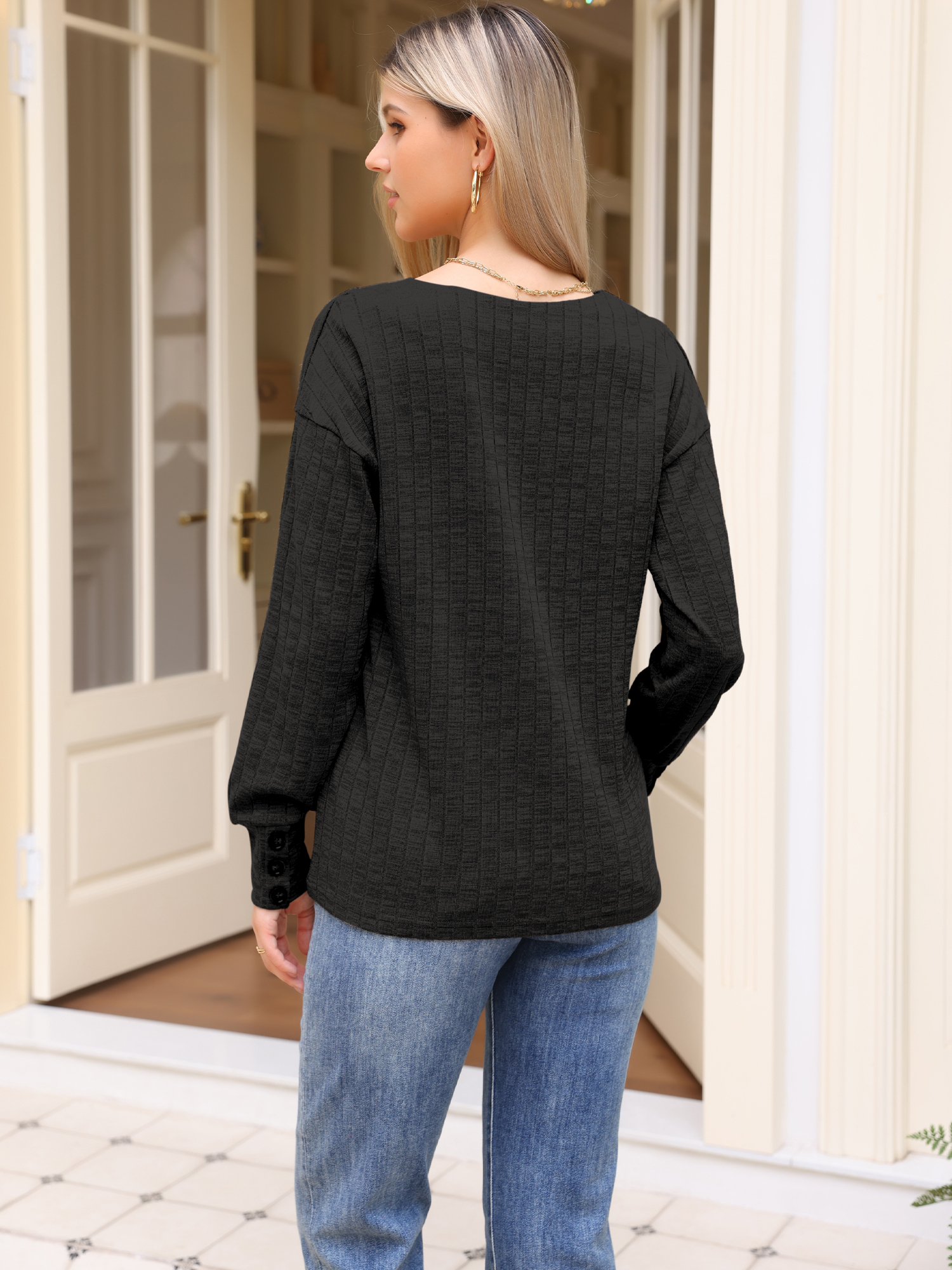 DARING DIVA Women's V Neck Long Sleeve Casual Knit Tunic Sweater XS Black