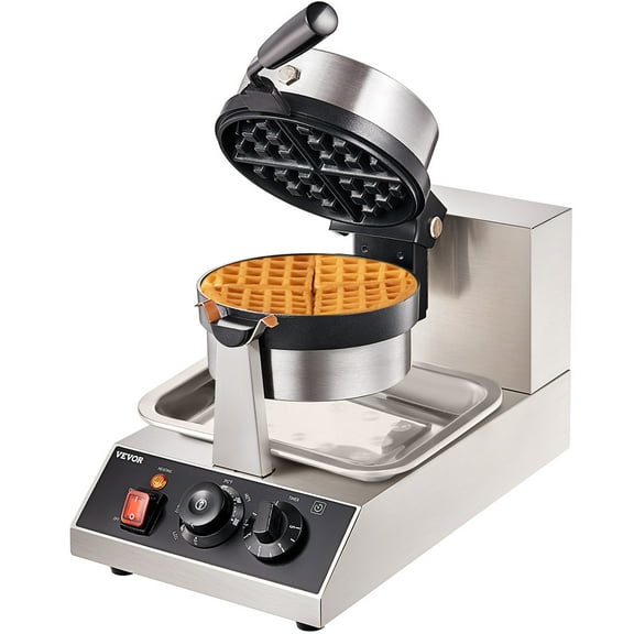 VEVOR Commercial Waffle Maker, 1 Piece per Batch, 1300W Round Waffle Iron, Non-Stick Waffle Baker Machine with 122-572℉ / 50-300℃ Temp Range Teflon-Coated Baking Pans Stainless Steel Body, 120V