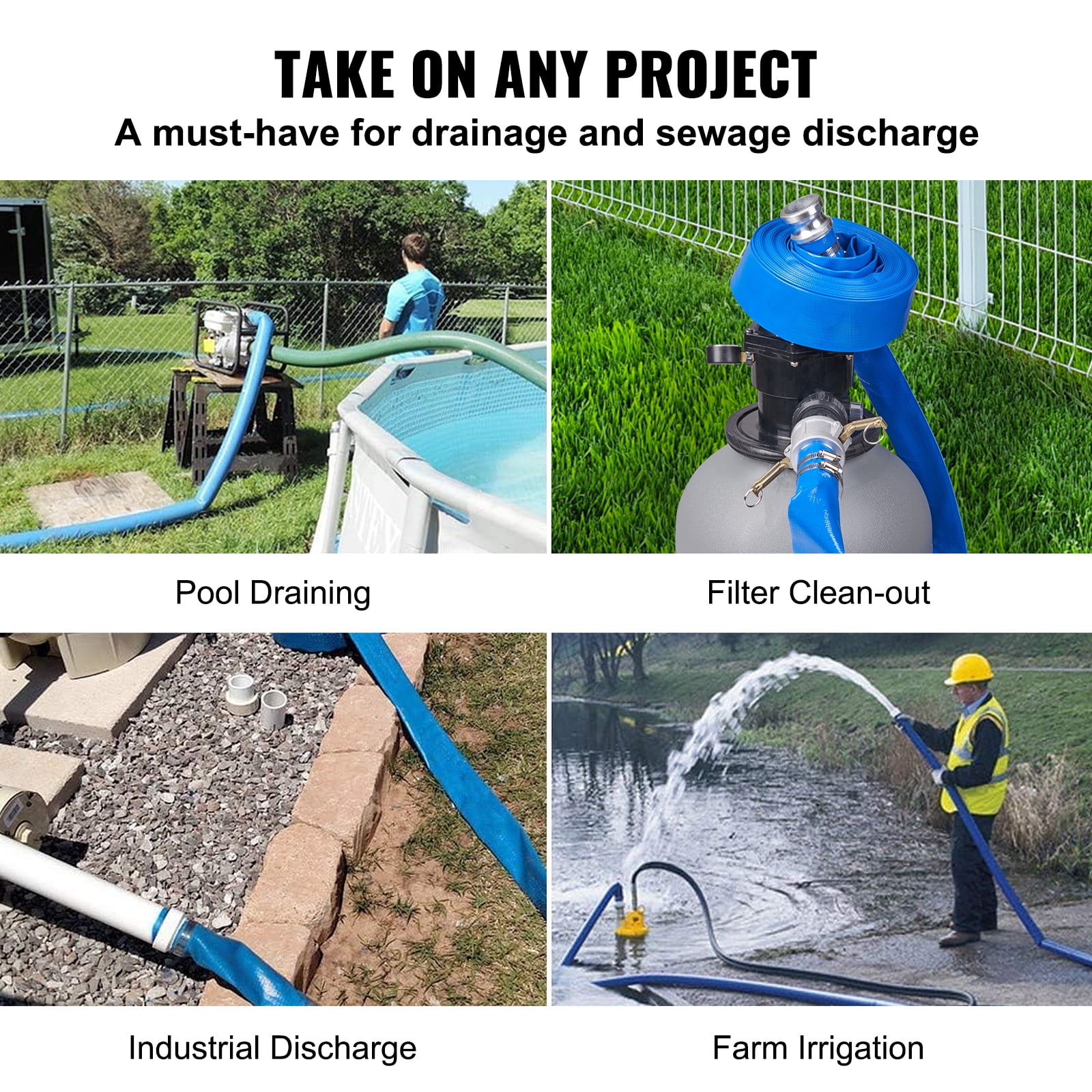 KFFKFF Swimming Pool Discharge Hose, 50 ft Length and 2 inch Diameter, Made of Robust PVC, Comes with Aluminum Camlock C & E Fittings and Clamps, Suitable for Pumps and Sand Filters
