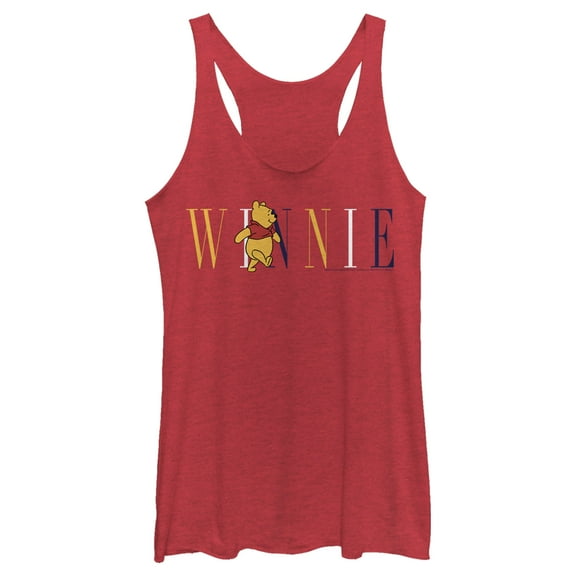 Women's Winnie the Pooh Yellow, White, and Blue Script  Racerback Tank Top