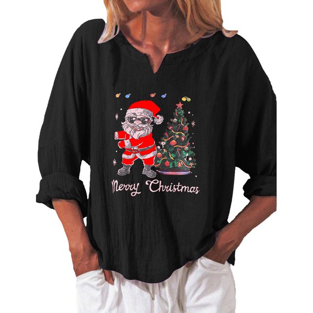 Birdeem Mode Femme Noël T-Shirt Décontracté à Manches Longues Col en V Blouse Tops