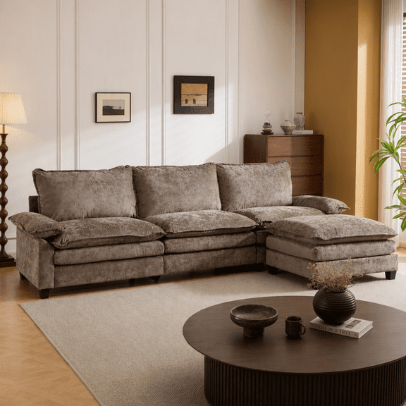 Ktaxon 122" W L Shaped Sectional Sofa, Modern Chenille Deep Seat Cloud Couch with Movable Chaise, Plush Living Room Couches for Apartment, 3-Seater Light Brown