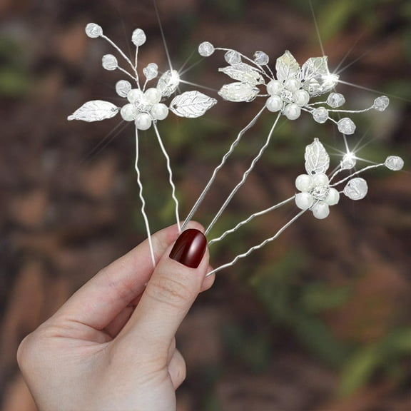 Flower Bride Wedding Hair Pins Silver Pearl Bridal Hair Accessories Leaf Hair Piece for Women and Girls (Pack of 3)
