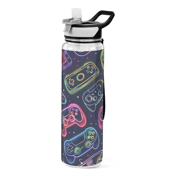 Gaming Machines Multicoloured Sports Water Bottle Portable Travel Mug 32oz BPA Free Leak Proof Straw Transparent Tritan for Gym Yoga Cycling Camping