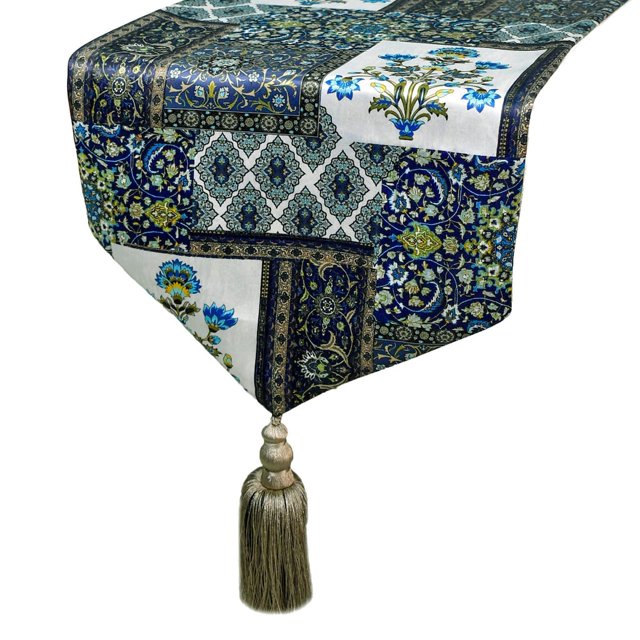 The HomeCentric Decorative Niloufar Blue Table Runner 14'' x 72'' Persian Floral Tassels Satin Table Linen