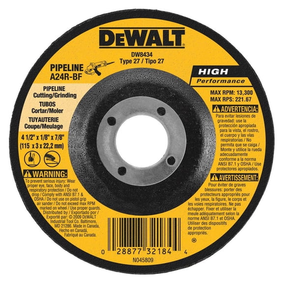 Dewalt DW8435 Pipeline Cutting/Grinding Wheel, 4-1/2 in Dia x 1/8 in T, A24R Grit, 5/8-11 Arbor