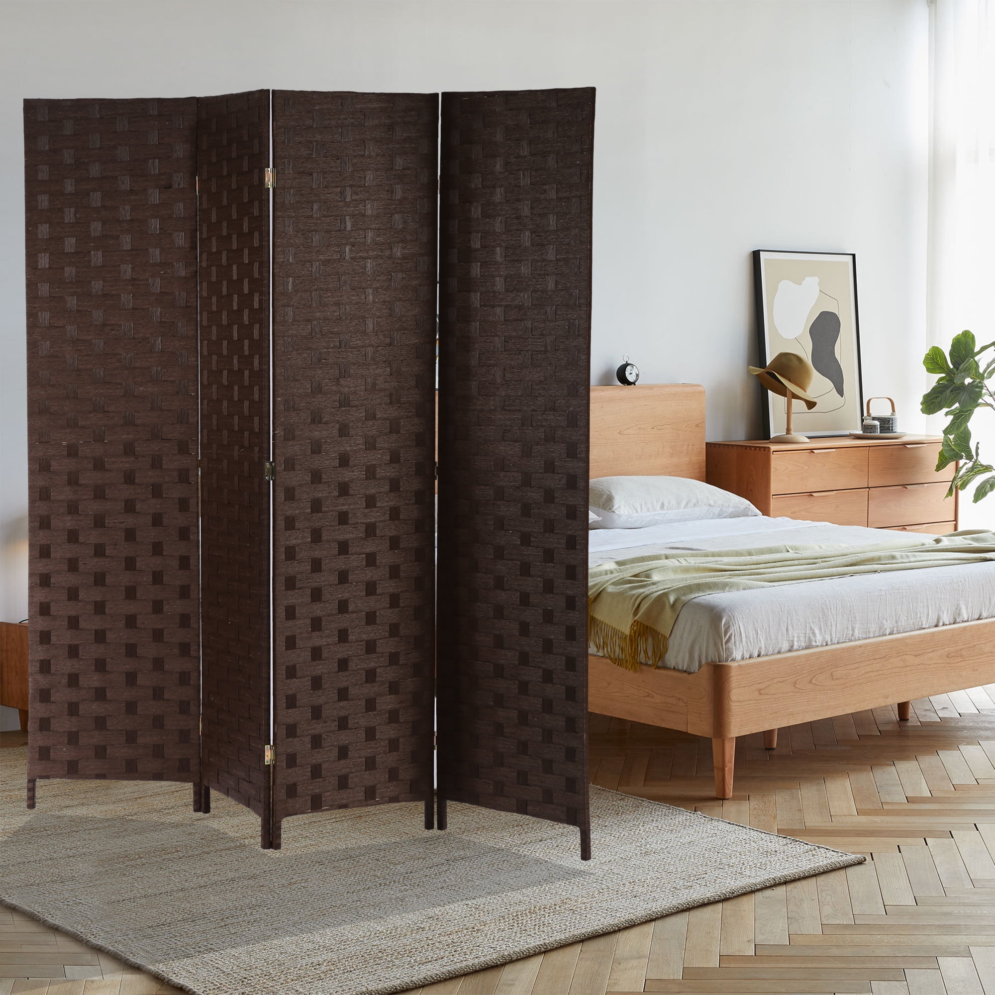 CL.HPAHKL 4 Panels Room Divider and Folding Privacy Screen, 6 ft Tall Wood Mesh Hand-Woven Design Wall Divider, Partition Room Dividers for Home Office Restaurant Bedroom